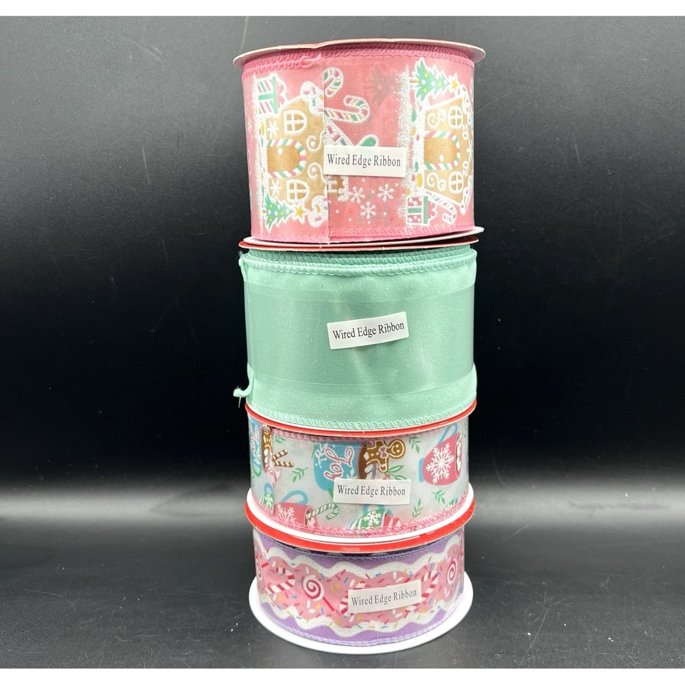 4 Christmas Wired Edge Ribbon Roll‎ Ginger Bread House Candy Cane Glitter NEW